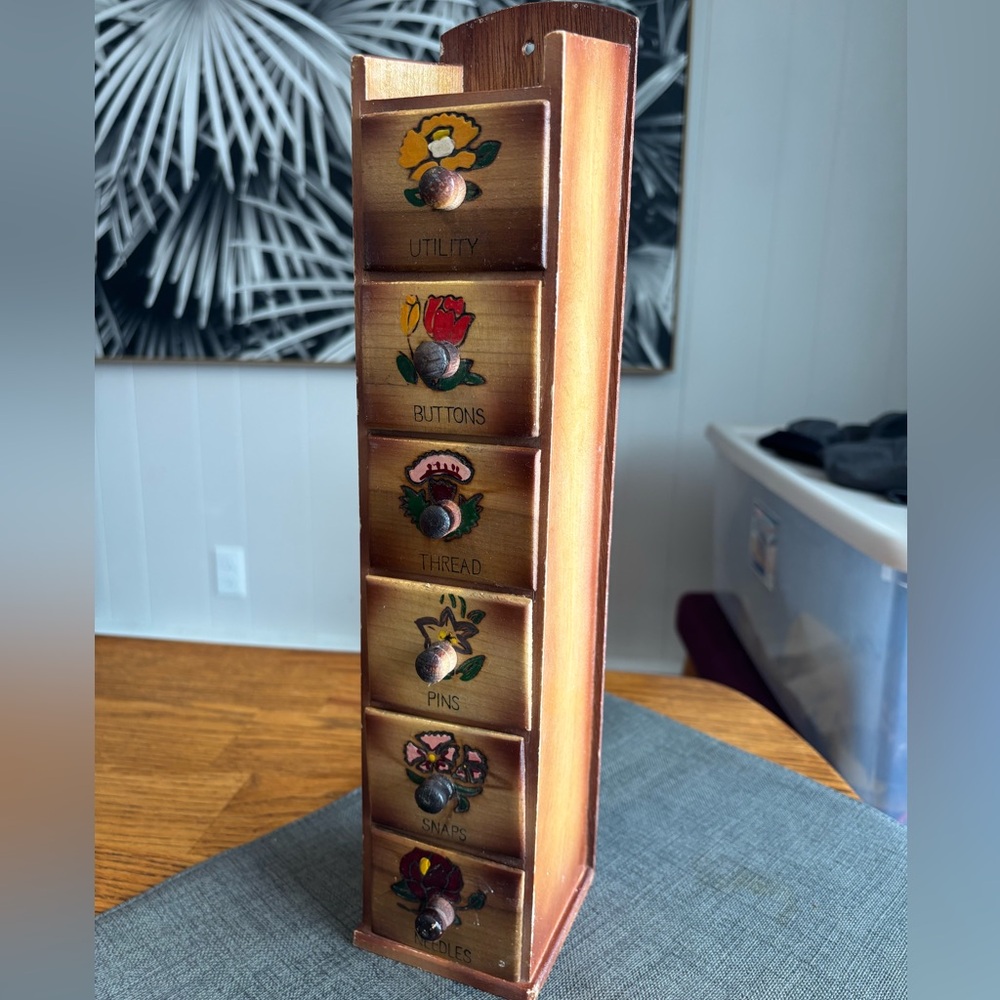 Wooden Floral Drawer Organizer vintage sewing kit wall home decor Japan